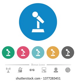 Microphone with stand flat white icons on round color backgrounds. 6 bonus icons included.