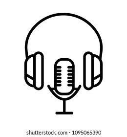 Microphone with stand and headphones vintage retro style sound recording equipment realistic image shadow white background vector illustration