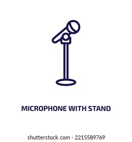 microphone with stand icon from education collection. Thin linear microphone with stand, sound, broadcast outline icon isolated on white background. Line vector microphone with stand sign, symbol for 