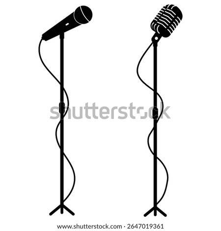Microphone and stand icon vector on white background. Silhouette of Microphone symbol and sign.  Standing microphones audio equipment. Vector illustration.