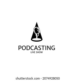 microphone stand on spotlight logo podcasting logo template black silhouette,