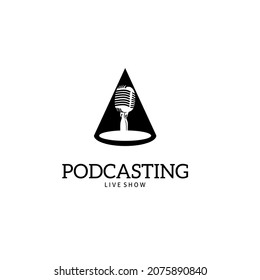 microphone stand on spotlight logo podcasting logo template black silhouette,