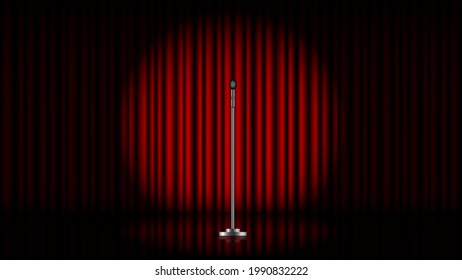Microphone with stand on stage with red curtain and spot light, vector illustration