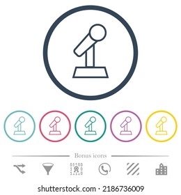 Microphone with stand outline flat color icons in round outlines. 6 bonus icons included.