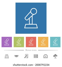Microphone with stand outline flat white icons in square backgrounds. 6 bonus icons included.