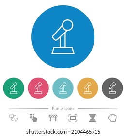 Microphone with stand outline flat white icons on round color backgrounds. 6 bonus icons included.