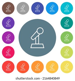 Microphone with stand outline flat white icons on round color backgrounds. 17 background color variations are included.