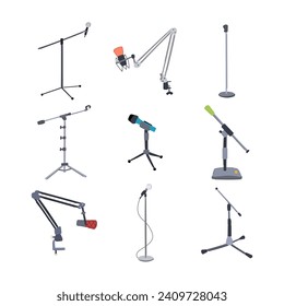 microphone stand set cartoon. old radio, mike karaoke, vintage retro microphone stand sign. isolated symbol vector illustration