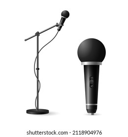 Microphone with stand and without. Musical equipment with round black nozzle for interviews and concerts and vector power buttons.