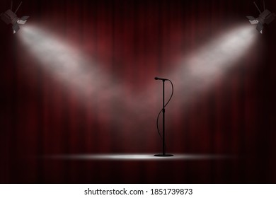 Microphone standing on stage in spotlight, red curtain background. Comedy show opening, celebration event, announcement, performance vector illustration. Ceremony invitation scene.