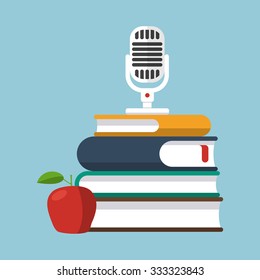 Microphone stands on a pile of books, and apple. Concept of remote education, business seminar or podcasting. Set of flat objects. Elements of recording studio or education center(library).