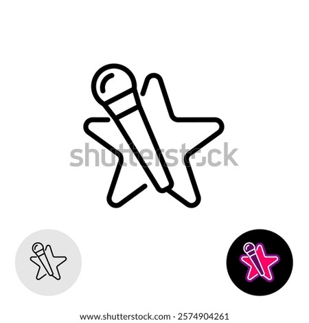 Microphone with star silhouette as audio cable icon. Karaoke star music logo. Line style symbol. Adjustable stroke width.