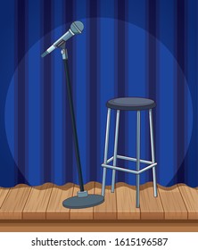 Microphone Stool Curtain Stage Stand Up Comedy Show Vector Illustration