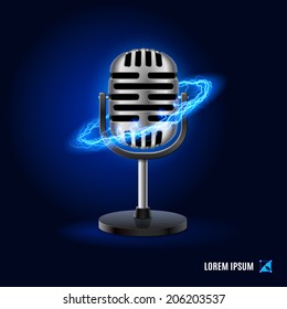 Microphone surrounded by a stream of blue energy in the space