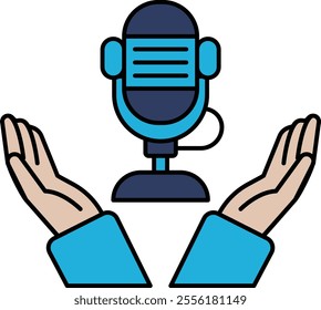 A microphone is surrounded by two hands, symbolizing the importance of communication and listening. Concept of connection and understanding