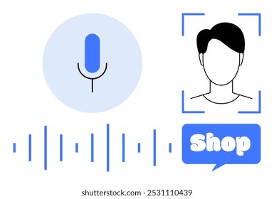 Un símbolo de micrófono indica reconocimiento de voz. Un perfil de usuario sin rostro sugiere servicios personalizados. Una forma de onda visualiza el sonido. Una burbuja de discurso con la tienda significa compras en línea. Ideal para