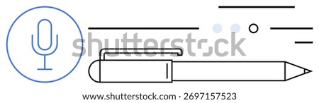 Microphone symbol inside circle, horizontal pencil, lines, dots. Ideal for communication, writing, recording, notes, voice-to-text, education, podcasts, digital content. Line metaphor