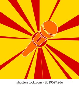 Microphone symbol on a background of red flash explosion radial lines. The large orange symbol is located in the center of the sun, symbolizing the sunrise. Vector illustration on yellow background