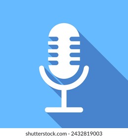 Microphone symbol. White glyph on blue background. Long shadow vector icon.