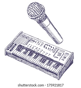 Microphone and synthesizer sketch drawing on white background