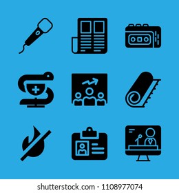 microphone, television, fire, recorder, id card, pharmacy, news paper, carpet and presentation vector icon. Simple icons set
