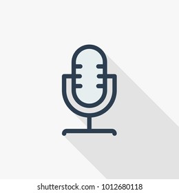Microphone thin line flat color icon. Linear vector illustration. Pictogram isolated on white background. Colorful long shadow design.