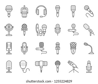 Microphone thin line icon set. Outline web sign kit of mic. Journalist Interview linear icons of music band, voice record, broadcast. Simple mike black symbol isolated on white. Vector Illustration