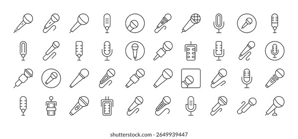 Conjunto de Ícones de Linha Fina de Microfone. Outline Signs para Gráficos e Web Design, Apps, Anúncios, Vários Cartões 