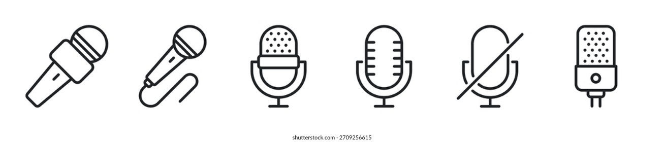 Conjunto de iconos de línea delgada de micrófono. Iconos mínimos de Web