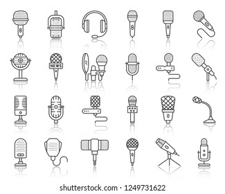 Microphone thin line icons set. Outline sign kit of mic. Journalist Interview linear icon collection karaoke, music, radio studio. Simple mike black contour symbol with reflection vector Illustration