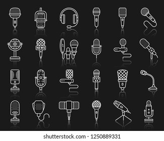 Microphone thin line icons set. Outline sign kit of mic. Journalist Interview linear icon collection karaoke, music, radio studio. Simple mike white contour symbol with reflection vector Illustration