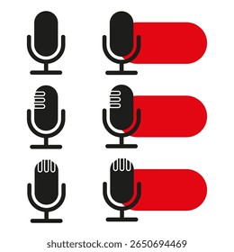 Ícones de alternância do microfone. Símbolos de gravação de áudio. Controles de som vetorial. Elementos do botão vermelho.