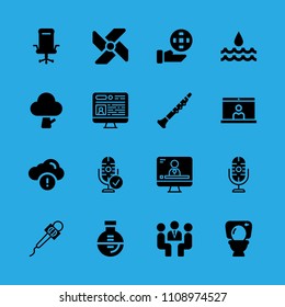 microphone, toilet, ecology, windmill, meeting, video conference, microphone, desk chair and tree vector icon. Simple icons set