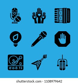 microphone, microphone, turntable, electric guitar, hands with hearts, stop, light bulb, microphone and accordion vector icon. Simple icons set