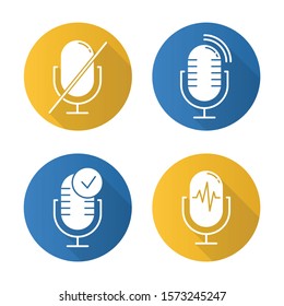 Microphone using modes flat design long shadow glyph icons set. Sound recorder installation. Speech recognition process. Mic connection problem. Technical mistake. Vector silhouette illustration