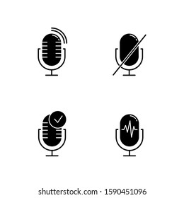 Microphone using modes glyph icons set. Voice control. Sound recorder installation. Speech recognition process. Mic connection problem. Silhouette symbols. Vector isolated illustration