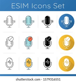 Microphone using modes icons set. Voice control idea. Sound recorder installation. Speech recognition process. Mic connection problem. Linear, black and color styles. Isolated vector illustrations