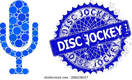 Microphone vector composition of dots in various sizes and blue color shades, and rubber Disc Jockey badge. Blue round sharp rosette badge includes Disc Jockey tag inside.