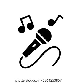 Microphone Vector glyph Icon, Microphone surrounded by notes symbol. microphone music logo and melody signs. solid and flat pictogram. vector illustration design on white background. EPS 10
