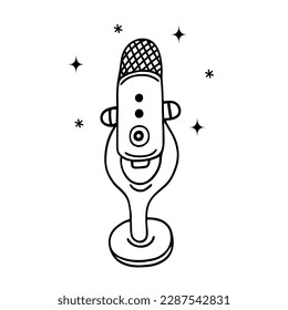 Microphone vector icon. Device for podcast, stream, karaoke. Simple doodle isolated on white. Line art, black outline. Clipart for logo, apps, web, recording studio