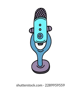 Microphone vector icon. Device for podcast, stream, karaoke, radio, asmr. Simple doodle isolated on white. Flat cartoon mic. Bright clipart for logo, apps, web, recording studio design