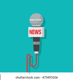 Microphone vector icon isolated on blue color background, flat mic with news text 