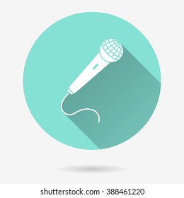 Microphone   vector icon with long shadow. White illustration isolated on green background for graphic and web design.  