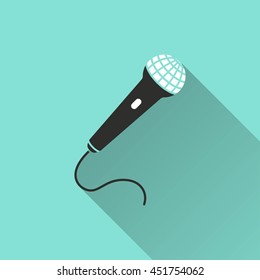Microphone vector icon with long shadow. White illustration isolated on green background for graphic and web design.