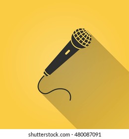 Microphone vector icon with long shadow. Black illustration isolated on yellow background for graphic and web design.