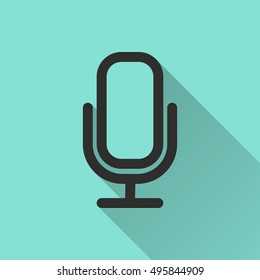 Microphone vector icon with long shadow. black Illustration isolated on green background for graphic and web design.
