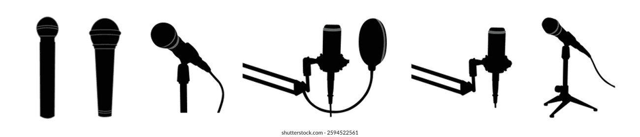 Microphone vector icon set illustration isolated on white background.  Podcast microphone logo art work.