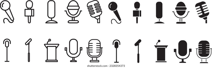 Microphone vector icon set isolated on white background. podcast icon vector. Voice vector icon, Record. Microphone - recording Studio Symbol. Retro microphone icon