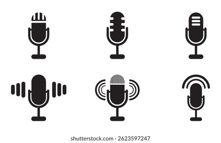 Microphone vector icon set. Studio voice recording. Microphone Icons, Audio Recording Symbols, Podcasting Icons, Broadcasting Symbols, Sound Recording Icons, Microphone Illustrations