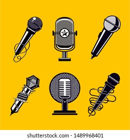 Microphone vector icon set. Vintage mic collection. Retro signs on isolated background.